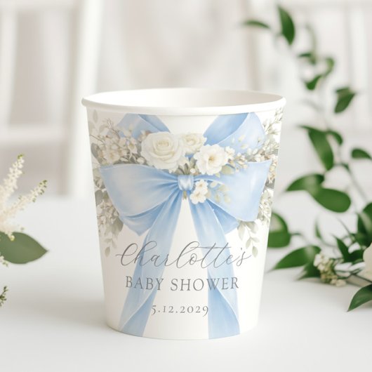 Blue Coquette Bow Floral Baby Boy Shower Pappbecher