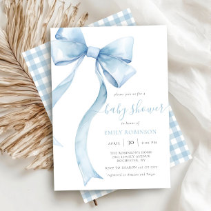 Blue Coquette Bow Gingham Boy Baby Dusche Einladung