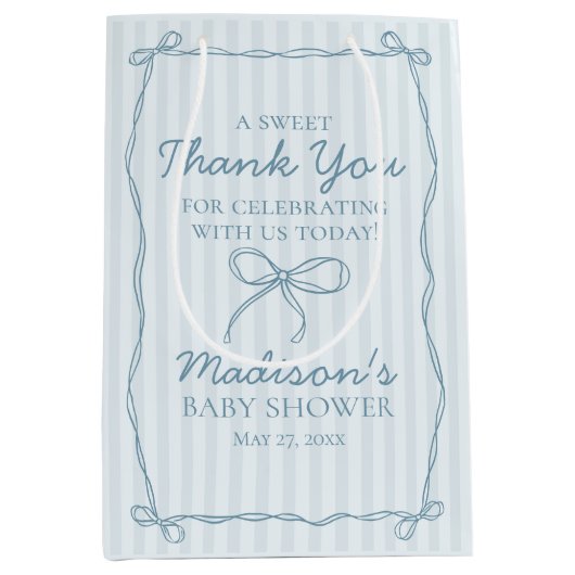 Blue Coquette Bow Pastel Striping Baby Dusche Gefa Mittlere Geschenktüte (Vorderseite)