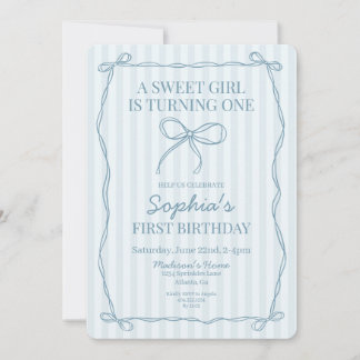 Blue Coquette Bow Pastell gestreift Geburtstagspar Einladung