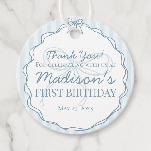 Blue Coquette Bow Pastell Streifen Geburtstag Geschenkanhänger (Vorderseite)