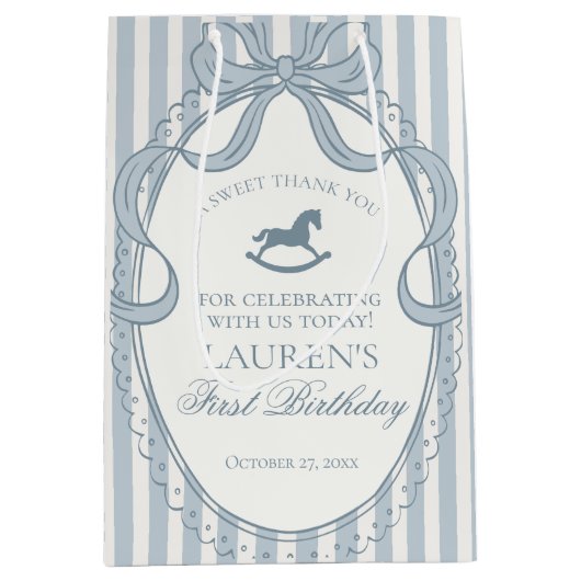 Blue Coquette Bow Rocking Horse Birthday Favors Mittlere Geschenktüte (Vorderseite)
