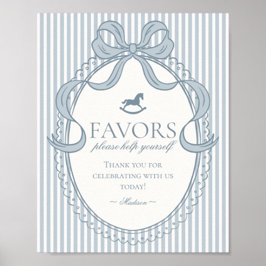 Blue Coquette Bow Rocking Horse Stripe Favors Sign Poster (Vorne)