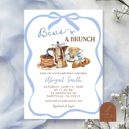 Blue coquette bows and brunch baby shower einladung