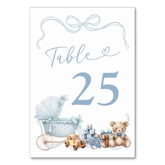 Blue Coquette Carriage Baby Shower Table Number Tischnummer (Vorderseite)