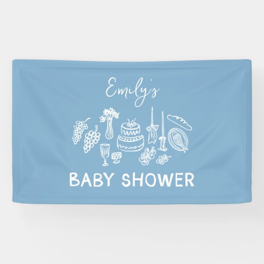 Blue Coquette Moderne Handgezogene Babydusche Banner (Horizontal)