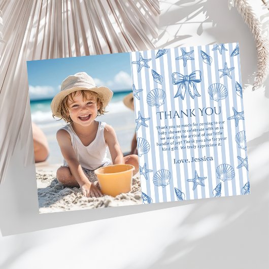 Blue Coquette Seashells Baby Shower Photo Dankeskarte