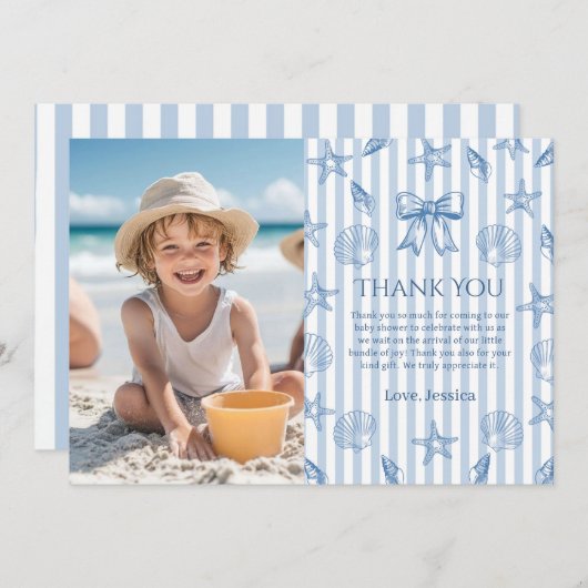 Blue Coquette Seashells Baby Shower Photo Dankeskarte (Vorne/Hinten)