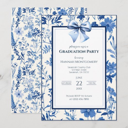 Blue Coquette Toile Bow Abschluss Einladung (Vorne/Hinten)