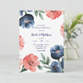 Blue & Coral bemalt Bouquet Hochzeitsfeier Einladung (Stehend Vorderseite)