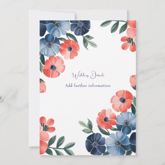 Blue & Coral bemalt Bouquet Hochzeitsfeier Einladung (Rückseite)