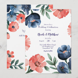 Blue & Coral bemalt Bouquet Hochzeitsfeier Einladung