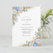 Blue Coral Bloom Flourish Wedding Einladung (Stehend Vorderseite)