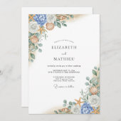 Blue Coral Bloom Flourish Wedding Einladung (Vorne/Hinten)