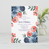 Blue & Coral Bouquet Wedding Couples Dusche Einladung (Stehend Vorderseite)