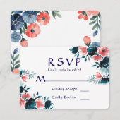 Blue & Coral Bouquet Wedding RSVP Cards Karte (Vorne/Hinten)