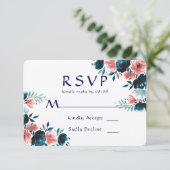 Blue & Coral Bouquet Wedding RSVP Cards Karte (Stehend Vorderseite)