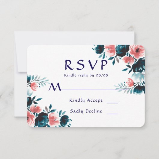 Blue & Coral Bouquet Wedding RSVP Cards Karte (Vorderseite)