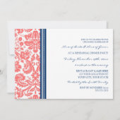 Blue Coral Damask Probe Abendessen Party Einladung (Rückseite)