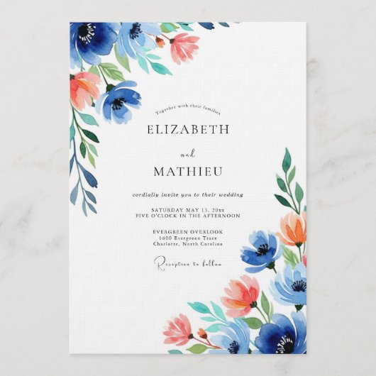 Blue Coral Floral Wedding Einladung (Vorderseite)