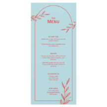 Blue Coral Gold Leaf Wedding Event Menu Karte