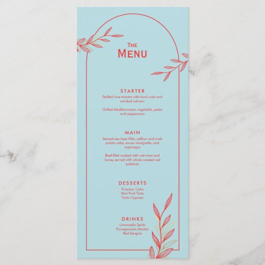 Blue Coral Gold Leaf Wedding Event Menu Karte (Vorderseite)
