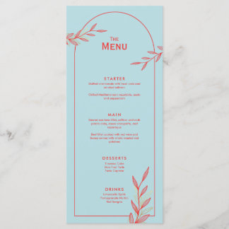Blue Coral Gold Leaf Wedding Event Menu Karte