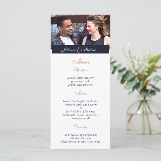 Blue Coral Modernes Foto Hochzeitsmenü Menükarte (Stehend Vorderseite)