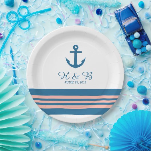 Blue Coral Nautical Anchor Hochzeitspapier-Teller Pappteller (Party)