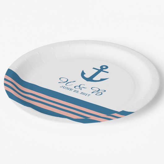 Blue Coral Nautical Anchor Hochzeitspapier-Teller Pappteller (Schrägansicht)