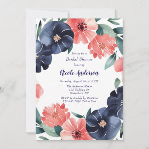 Blue & Coral Paint Bouquet Brautparty Einladung