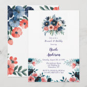Blue & Coral Paint Bouquet Brunch und Bubbly Einladung (Vorne/Hinten)
