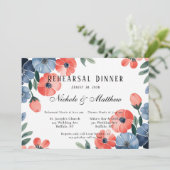 Blue & Coral Painted Florals Probe Dinner Einladung (Stehend Vorderseite)
