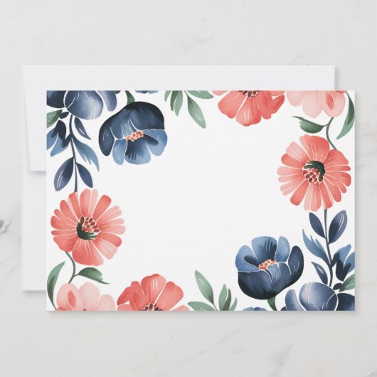 Blue & Coral Painted Florals Probe Dinner Einladung (Rückseite)