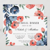 Blue & Coral Painted Florals Probe Dinner Einladung (Vorne/Hinten)