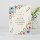 Blue Coral Painterly Bloom Wedding Einladung (Stehend Vorderseite)