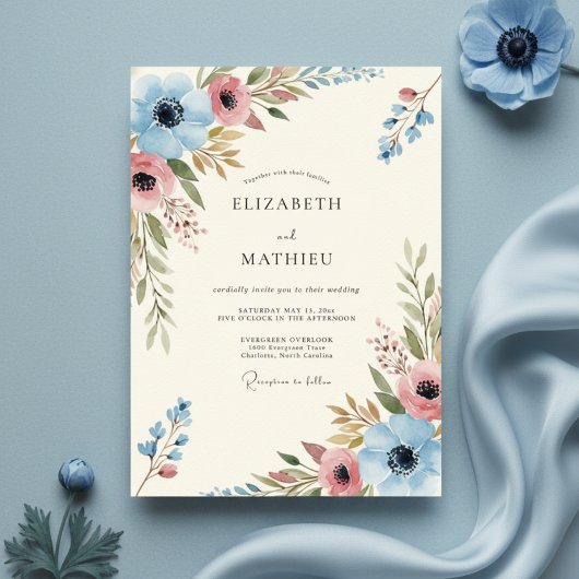 Blue Coral Painterly Bloom Wedding Einladung