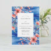 Blue Coral Painterly Botanical Wedding Einladung (Stehend Vorderseite)