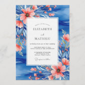 Blue Coral Painterly Botanical Wedding Einladung (Vorderseite)