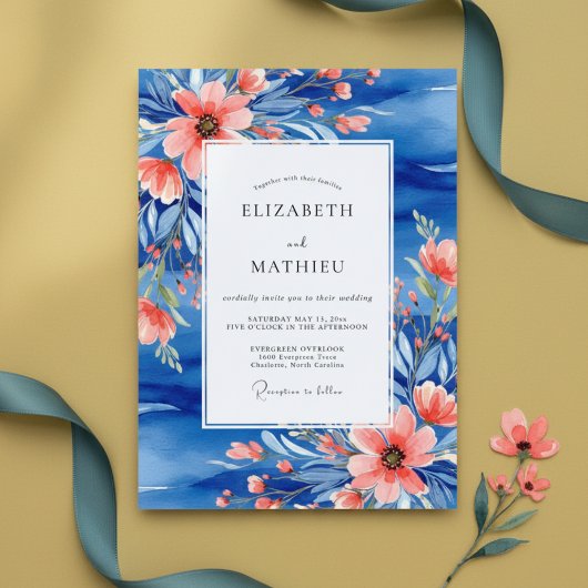 Blue Coral Painterly Botanical Wedding Einladung