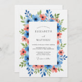 Blue Coral Painterly Floral Wedding Einladung (Vorne/Hinten)
