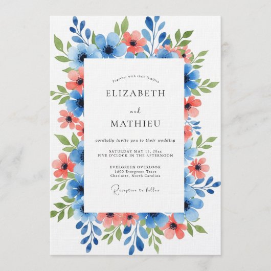 Blue Coral Painterly Floral Wedding Einladung (Vorderseite)