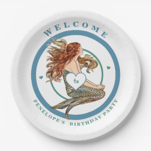 Blue Coral Peach Adorable Mermaid Geburtstagsparte Pappteller