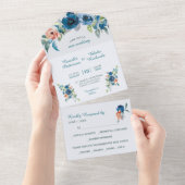 Blue Coral Peach Floral Bouquet Wedding All In One Einladung (Abreißen)