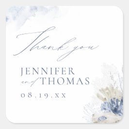 Blue Coral & Seashells Beach Wedding Vielen Dank Quadratischer Aufkleber