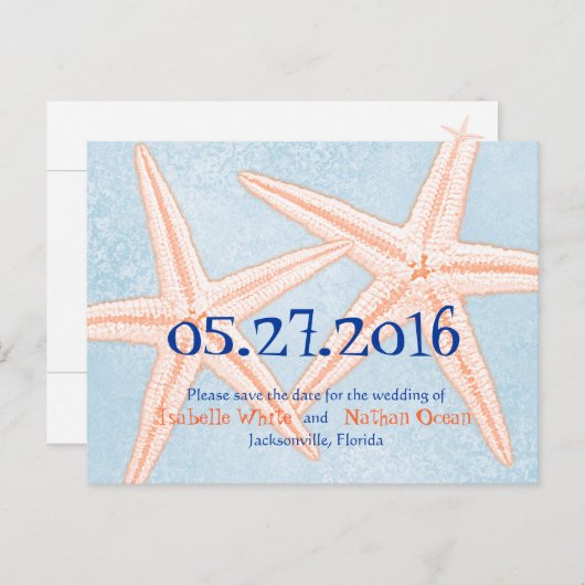 Blue Coral Starfish Save the Date Postkarten (Vorne/Hinten)