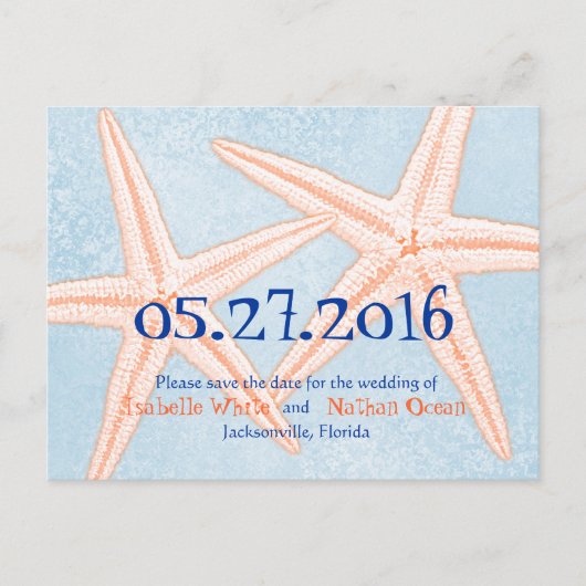 Blue Coral Starfish Save the Date Postkarten (Vorderseite)