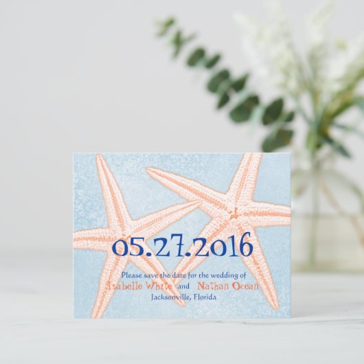 Blue Coral Starfish Save the Date Postkarten (Stehend Vorderseite)