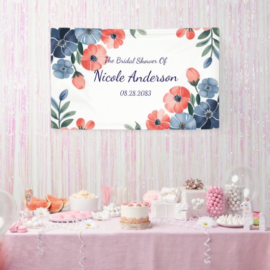 Blue & Coral Watercolor Bouquet Brautparty Banner (Party)