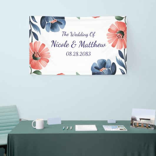 Blue & Coral Watercolor Bouquet Wedding Banner (Messeveranstaltung)